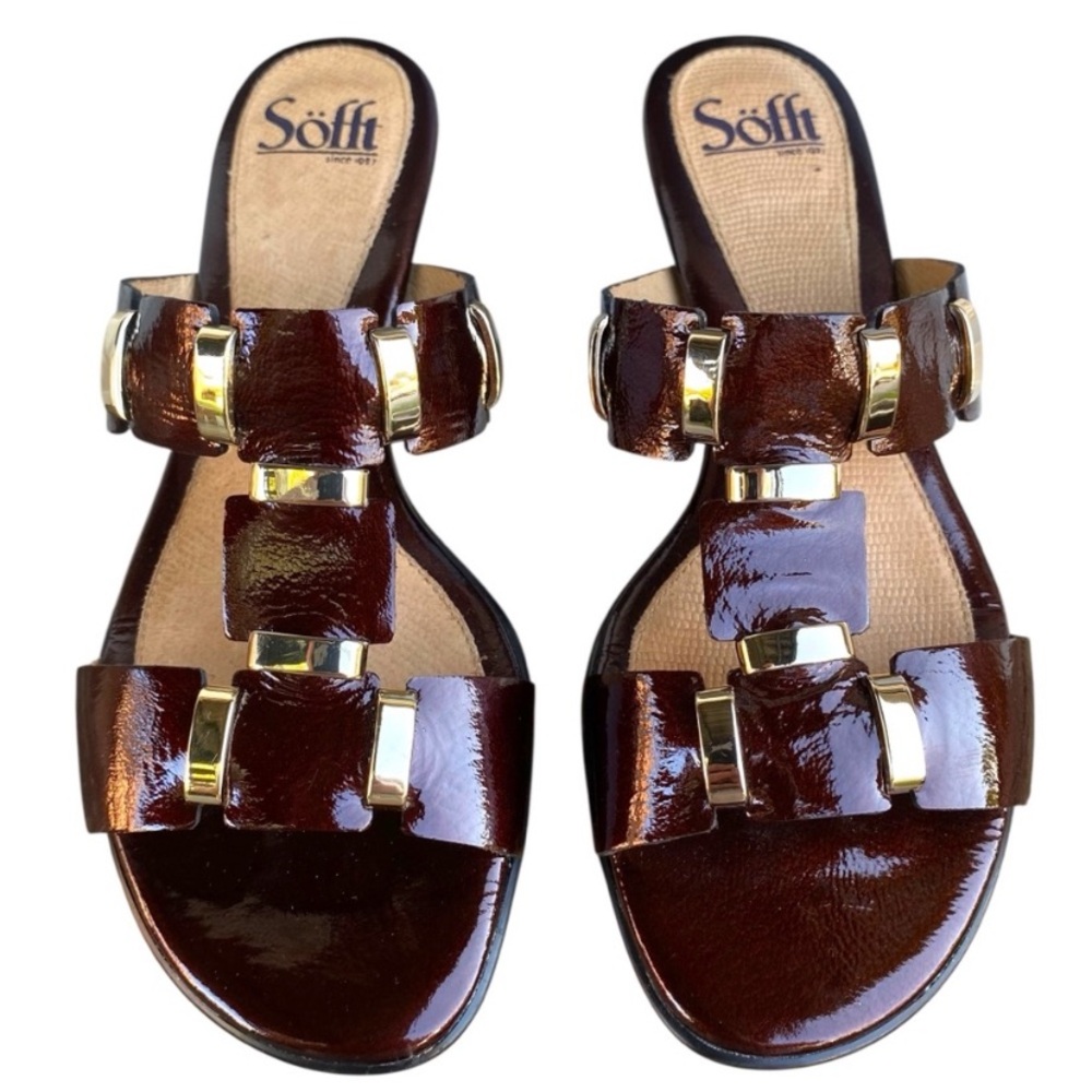 Sofft Womens Dark Burgundy Patent Leather Gold Accents Flat Slide
Sandal Sz 7.5 - Picture 3 of 8